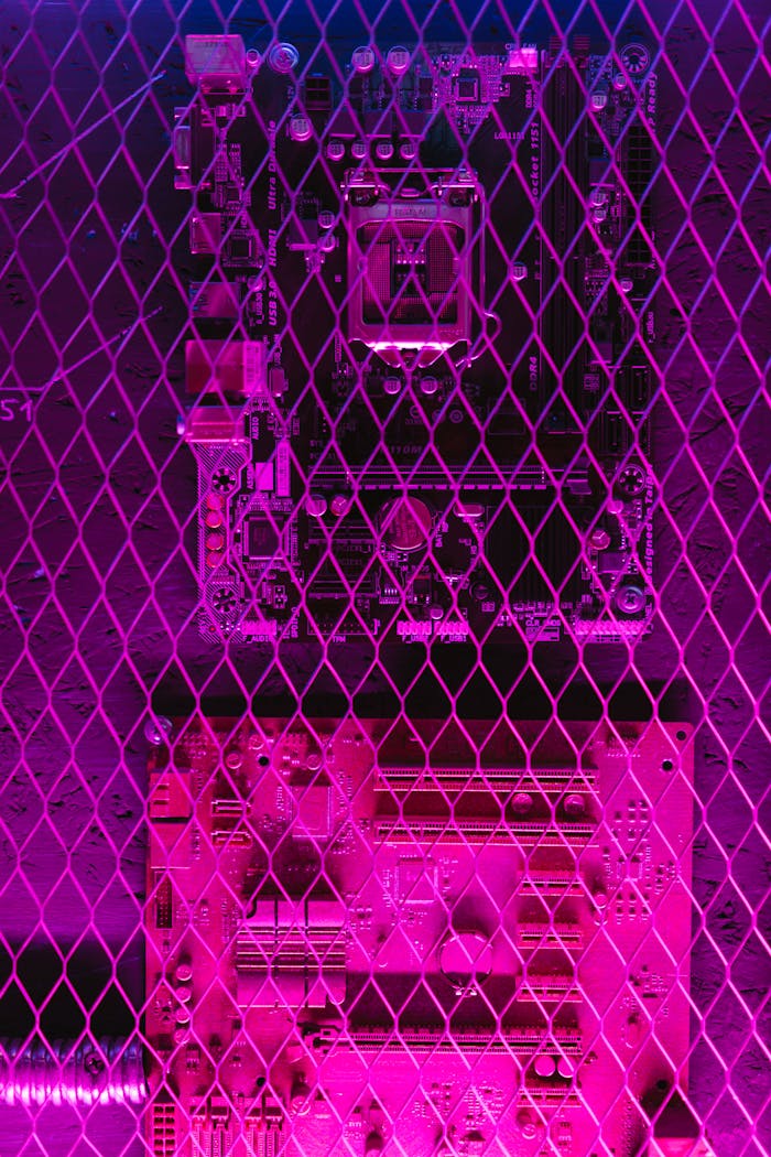 A vibrant, abstract image of a circuit board seen through a grid wire mesh, showcasing technology themes.